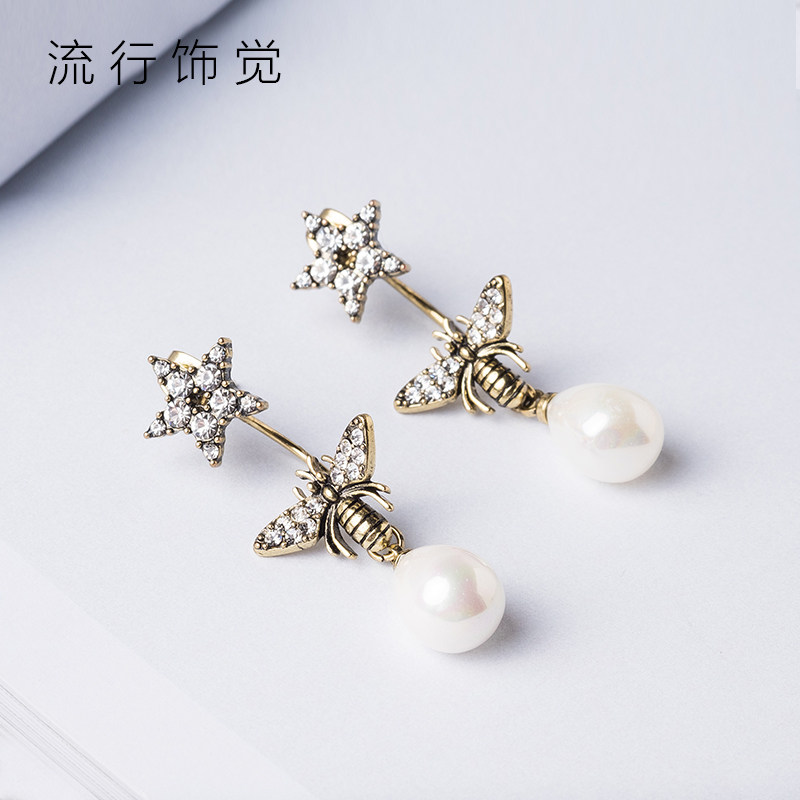 流行饰觉 S925银针昆虫星星坠珍珠后挂式耳环欧美时尚个性耳饰女