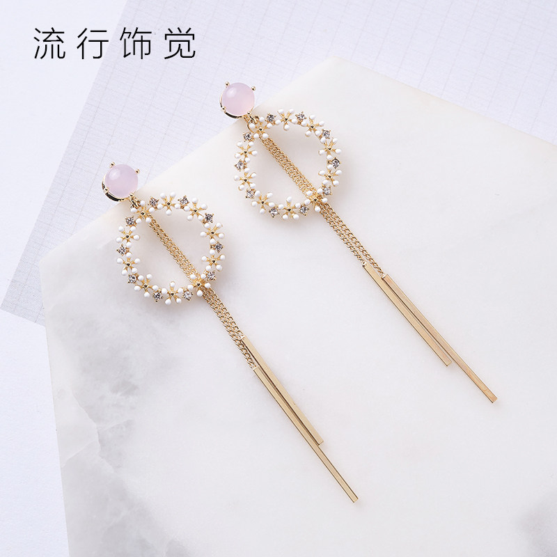 流行饰觉 S925银针花朵圆环金属流苏后挂式耳环日韩时尚甜美耳饰