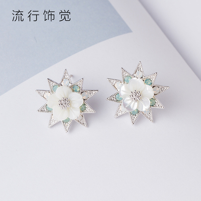 银针贝壳花朵镶钻日韩风耳饰品