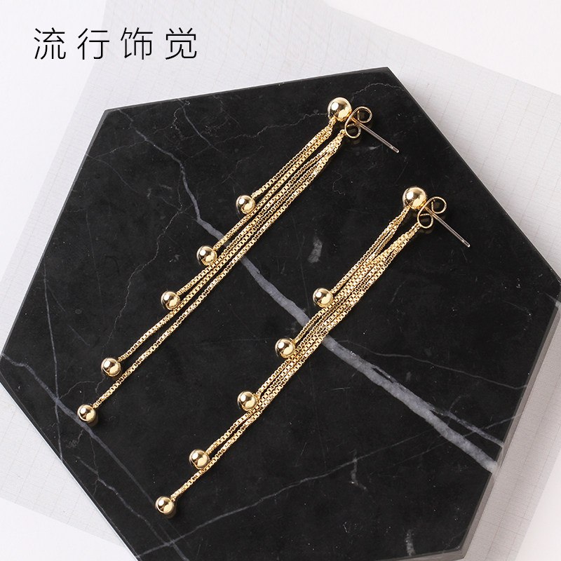 流行饰觉 S925银针金属球流苏长款耳环日韩后挂式简约时尚耳饰女