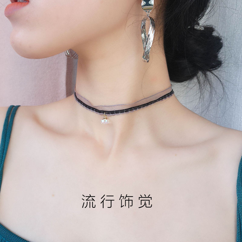 流行饰觉 蕾丝缎带坠炫彩水晶choker颈链日韩时尚复古气质项链