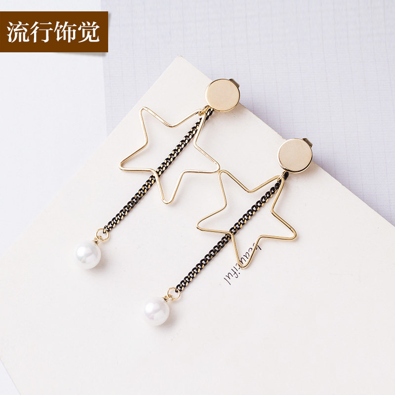 流行饰觉 S925银针星星坠珍珠流苏后挂式耳环两用时尚个性耳饰女