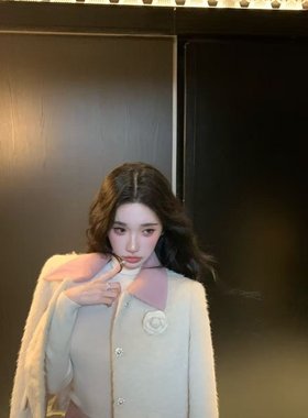 Barb Chill小香风撞色翻领毛呢外套女冬季夹棉加厚上衣蝴蝶结半裙