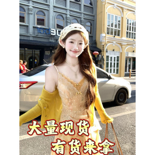 Acaine夏日花语/长款假两件蕾丝v领印花收腰吊带连衣裙女夏季裙子