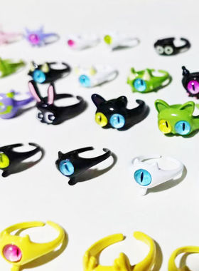童趣搞怪少女黑猫小怪兽大眼仔创意戒指女甜酷可爱百搭情侣手饰品