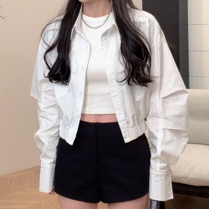 2026夏季新款欧美风衬衣女宽松收腰显瘦百搭小众短款长袖衬衫外套