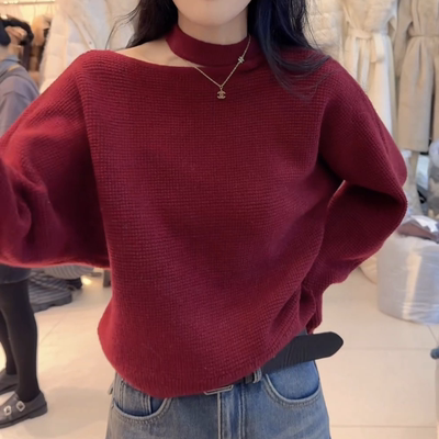加厚设计感斜肩针织衫女冬季慵懒气质百搭修身显瘦长袖打底上衣