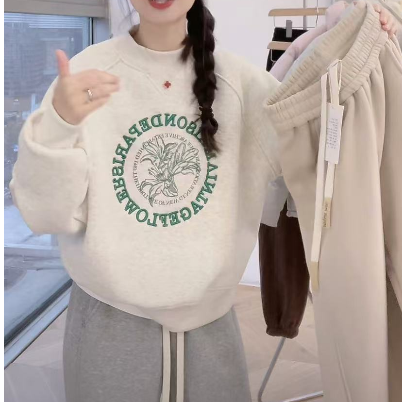纯色圆领减龄加绒加厚刺绣套头卫衣春季设计感时尚宽松超好看上衣