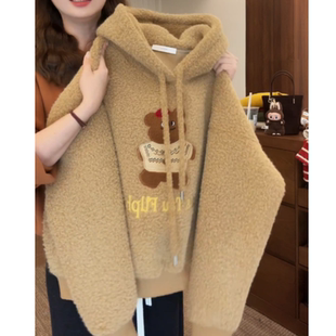 2026秋冬韩系连帽卫衣刺绣可爱宽松上衣女百搭短外套 扣子小熊