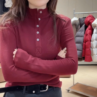 简约纯色长袖 大码 2026年新款 春季 T恤女 韩系单排扣立领显瘦打底衫