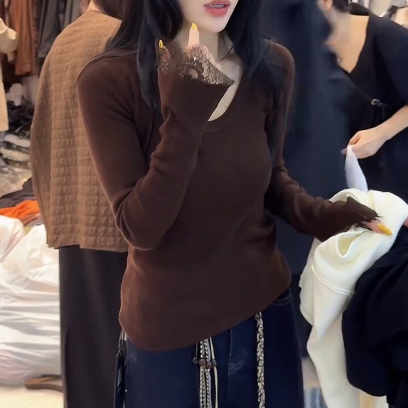 蕾丝拼接修身长袖T恤女2025新款秋冬独特别致内搭打底衫显瘦上衣