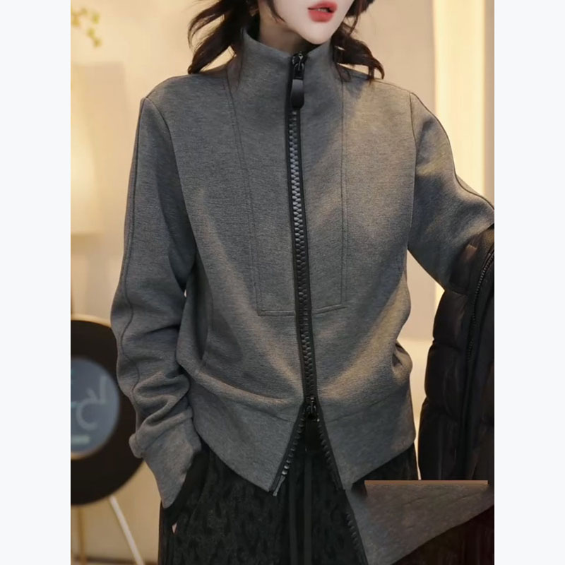 2025新款秋季韩版洋气百搭显瘦长袖上衣立领拉链卫衣外套女灰色