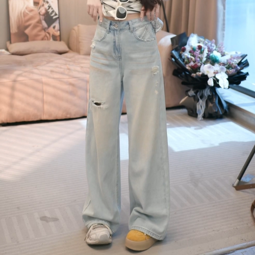设计感垂坠感浅蓝色破洞牛仔裤女2026夏季新款小个子显瘦阔腿裤子