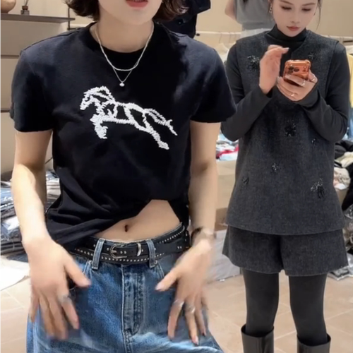 小马印花深咖色短袖t恤女春夏季2026新款时髦洋气内搭打底小上衣