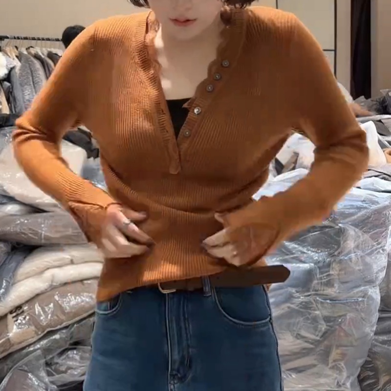 蕾丝拼接半钮扣V领毛针织衫女2025年秋冬新款修身绝美巨好看上衣