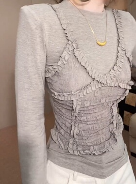 韩国东大门2025气质莫代尔蕾丝花边拼接长袖上衣圆领T恤女