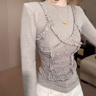 韩国东大门2025气质莫代尔蕾丝花边拼接长袖上衣圆领T恤女