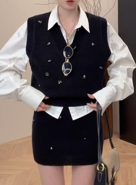 法式复古设计感叠穿背心半裙套装女春季显瘦气质通勤衬衫时尚穿搭