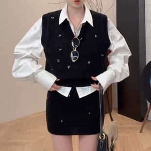 时尚 法式 显瘦气质通勤衬衫 女春季 穿搭 复古设计感叠穿背心半裙套装