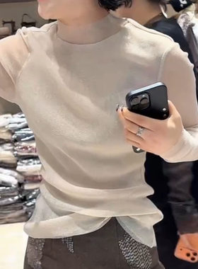 欧货高领网纱T恤女欧洲站气质时尚双层网纱亮晶晶微透性感上衣