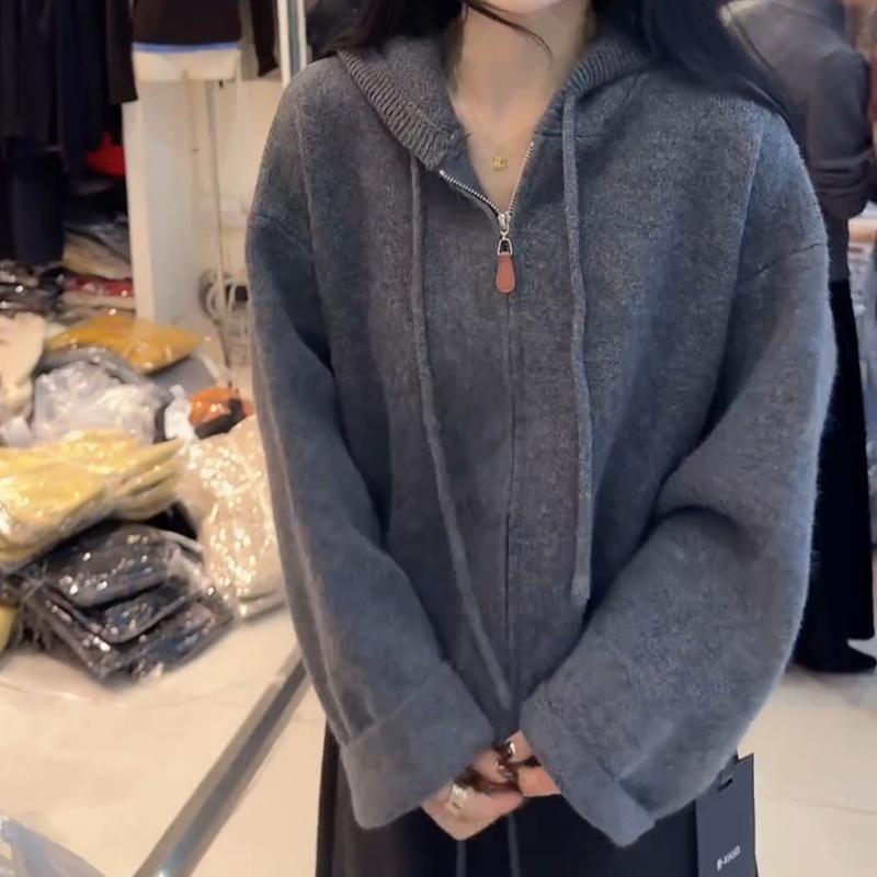 拉链纯色冬季连帽秋季毛针织衫常规百搭高级高休闲慵懒上衣