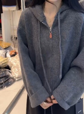 拉链纯色冬季连帽秋季毛针织衫常规百搭高级高休闲慵懒上衣
