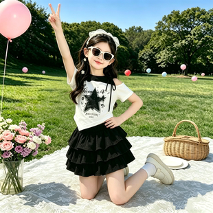女童套装夏季2026新款儿童洋气露肩短袖T恤夏装女孩半身裙两件套