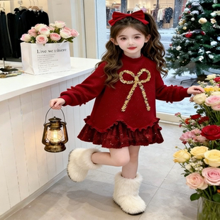 女宝红色亮片蝴蝶结卫衣连衣裙秋冬季2025新款儿童加绒拜年服裙子
