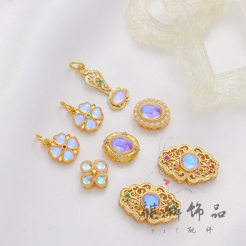 diy铜镀金镶锆嵌月光石串珠
