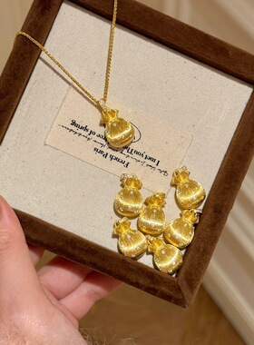 古法金色镶钻拉丝福袋吊坠项链女中式轻奢高级感花丝钱袋子锁骨链