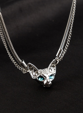 小众设计款猫头项链INS冷淡风双层钛钢喵星人吊坠锁骨链毛衣链潮