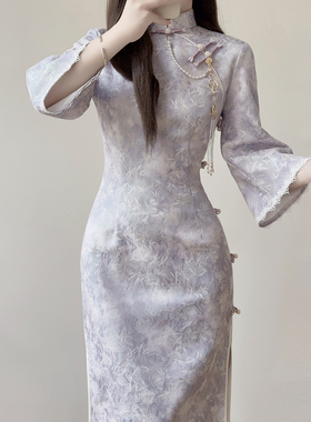 2025春秋旗袍新款气质高端修身改良版少女年轻款紫色连衣裙秋冬
