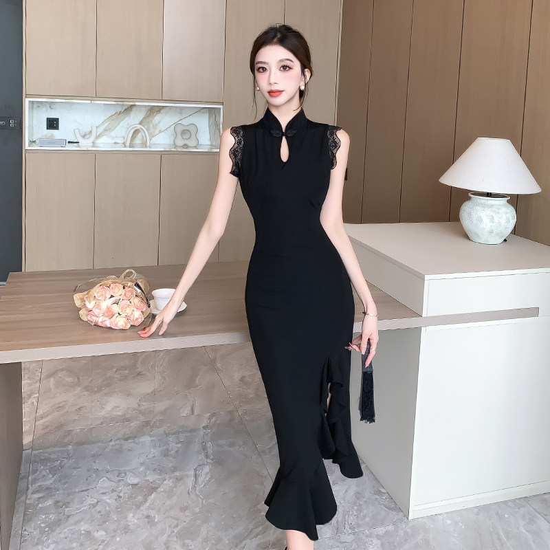 实拍性感包臀收腰改良版旗袍开叉中长款荷叶边复古高端无袖连衣裙