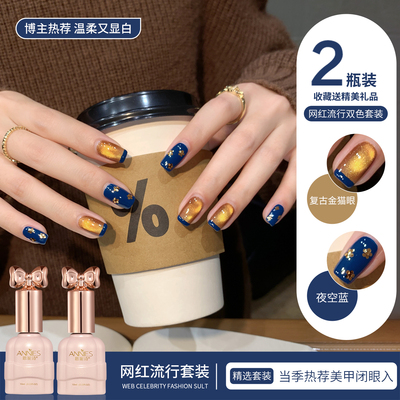 网红爆闪复古金猫眼指甲油胶2025年新款夜空蓝双色套装美甲店专用