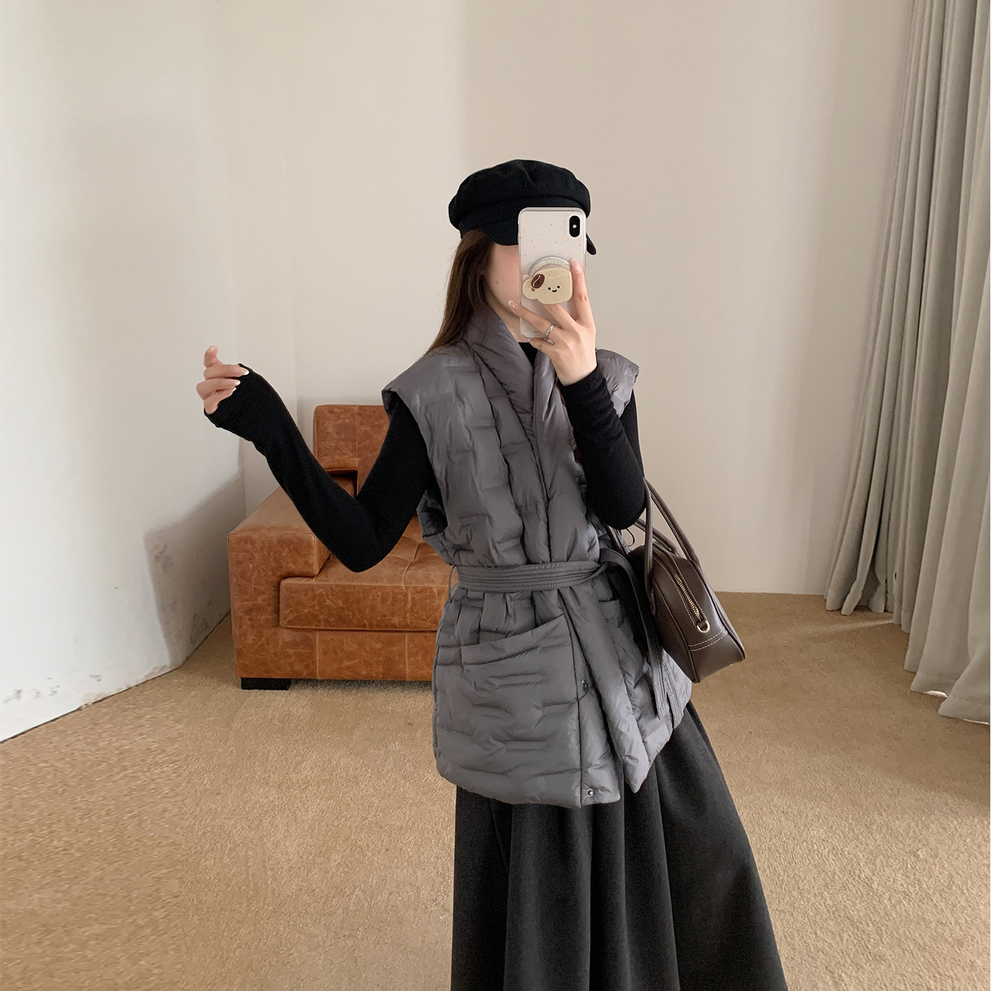 2026秋冬V领韩版中长款棉马甲女收腰系带坎肩外套轻薄时尚马夹女