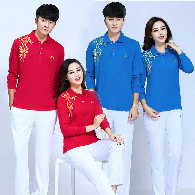 晋冠春秋女长袖T恤翻领蓝色中老年佳木斯广场舞运动服表演比赛服