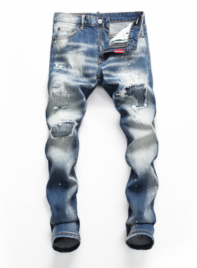 D2 JEANS欧洲站轻奢潮牌新款蓝色磨白水洗破洞补丁修身泼墨牛仔裤