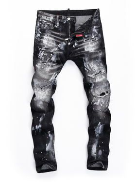 D2 JEANS欧洲站轻奢潮牌黑灰色油漆涂鸦刮烂破洞补丁泼墨牛仔裤男