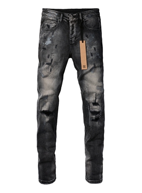 KSUBI JEANS 美式潮牌新款黑灰色水洗刀割破洞印花修身小脚牛仔裤