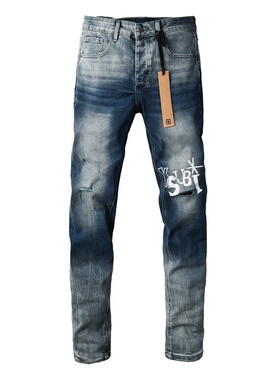 KSUBI JEANS 新款美式潮牌深蓝色渐变磨白水洗LOGO印花修身牛仔裤