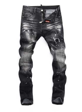 D2 JEANS欧洲站轻奢潮牌新款黑灰色磨白水洗刮烂补丁泼墨牛仔裤男