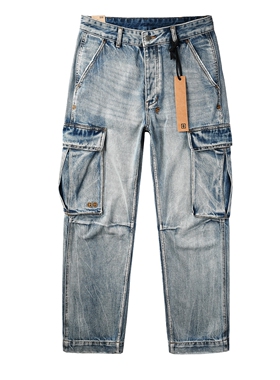 KSUBI JEANS 美式潮牌新款浅色做旧工装口袋宽松直筒阔腿牛仔裤男