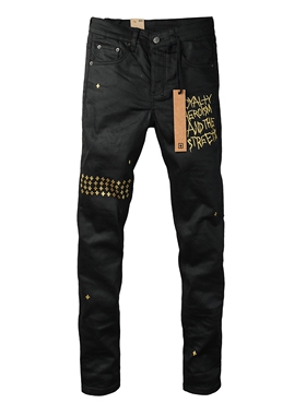 KSUBI JEANS 美式潮牌新款黑色亮面涂层创意刺绣印花修身牛仔裤男