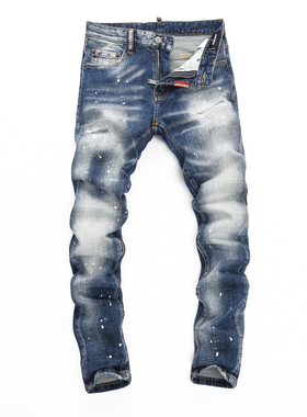 D2 JEANS欧洲站轻奢潮牌新款蓝色水洗磨白漆点泼墨涂鸦补丁牛仔裤
