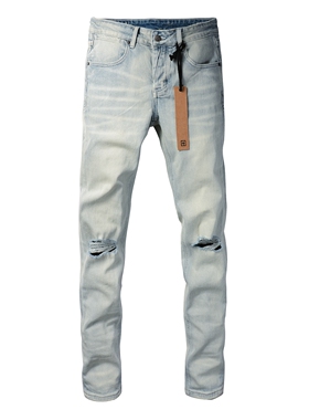 KSUBI JEANS 新款美式潮牌浅色做旧水洗膝盖刀割破洞修身牛仔裤男