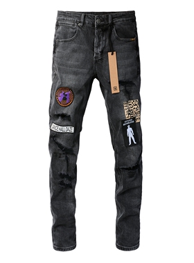 KSUBI JEANS 新款美式潮牌徽章刺绣创意贴布破洞修身灰色牛仔裤男