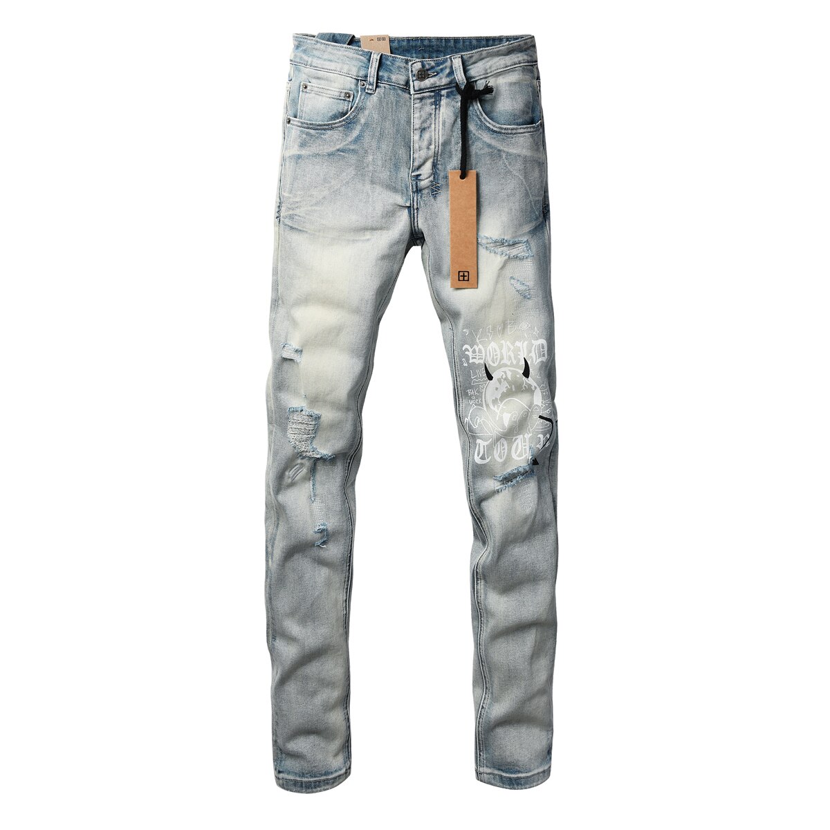 KSUBI JEANS 欧美潮牌新款浅色做旧水洗小恶魔印花破洞修身牛仔裤