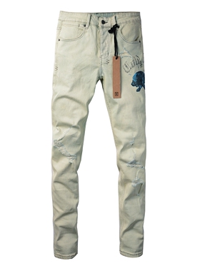 KSUBI JEANS 美式潮牌新款浅色独特水洗创意狮子印花弹力牛仔裤男
