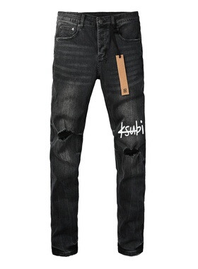 KSUBI JEANS 美式潮牌新款烟灰色水洗LOGO印花膝盖破洞修身牛仔裤