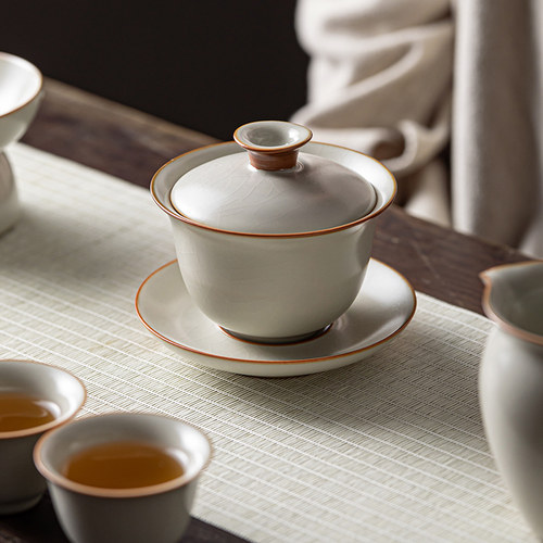 三点水汝窑三才盖碗茶杯